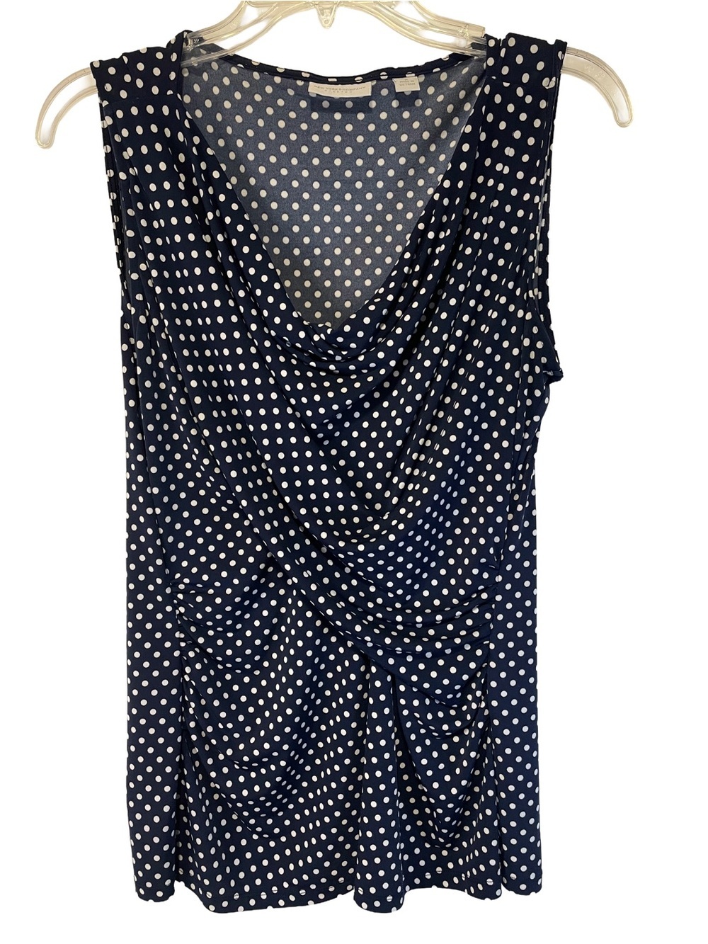 New York & Company Stretch Sleeveless Navy Polka Dot Drape Top Women’s Size M